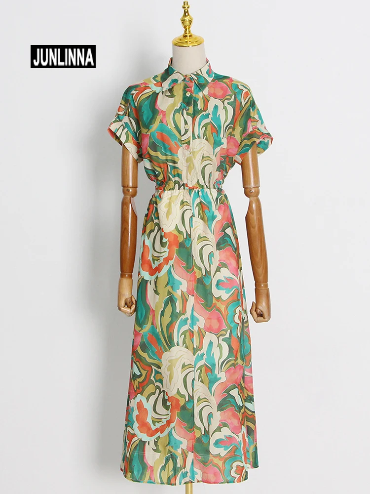 

JUNLINNA Cotton Printing Dress Autumn Fashion Women Lapel Neck Single Breasted Back Hollow Out Midi Vestidos Street Casual Wear