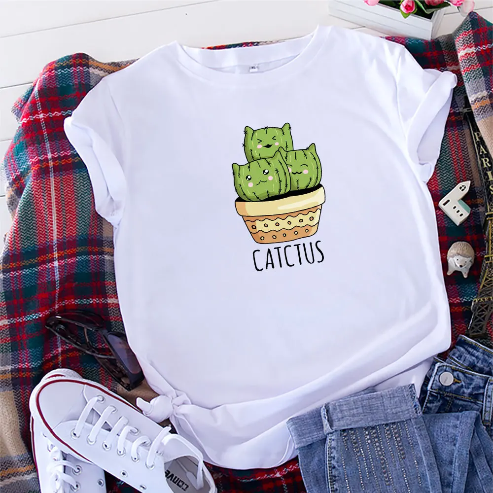 

Summer Cotton Women T Shirt 5XL Plus Size Cactus Print Short Sleeve Graphic Tee Tops Casual O-Neck Female TS