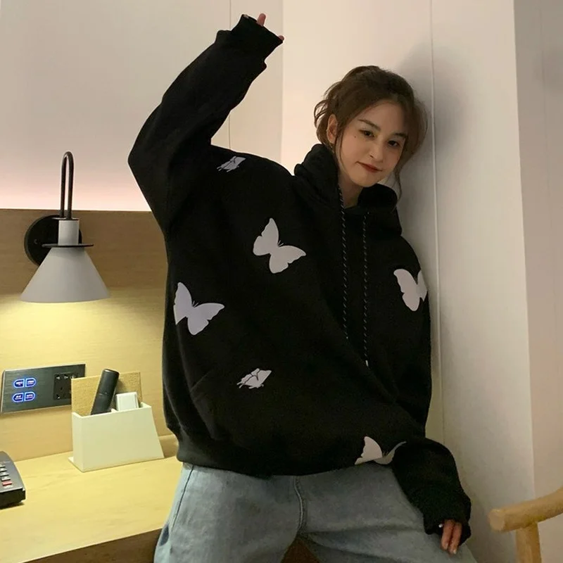 Reflective Butterfly Hooded Sweatshirts Women Thick Fleece Loose Casual Pullovers Autumn Winter Big Pocket Leisure Warm Hoodies