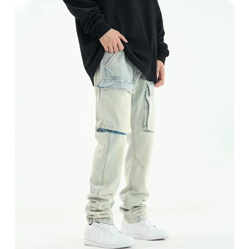 Streetwear Men 2022 Big Pocket Loose Broad Leg Blue Jeans Autumn and Winter New Pattern Casual Yellow Mud Dyeing Trousers Female