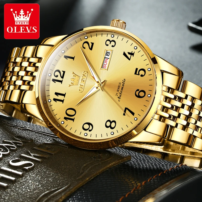 

OLEVS Luxury Fashion Men's Calendar Week Display Stainless Steel Strap Watches Luminous Pointer 30M Waterproof Mechanical Watch