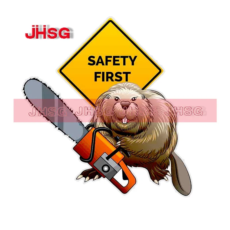 

JHSG Funny Warning Car Sticker Safety First Beaver Band Chainsaw Decorative Waterproof Sticker PVC Waterproof Customized