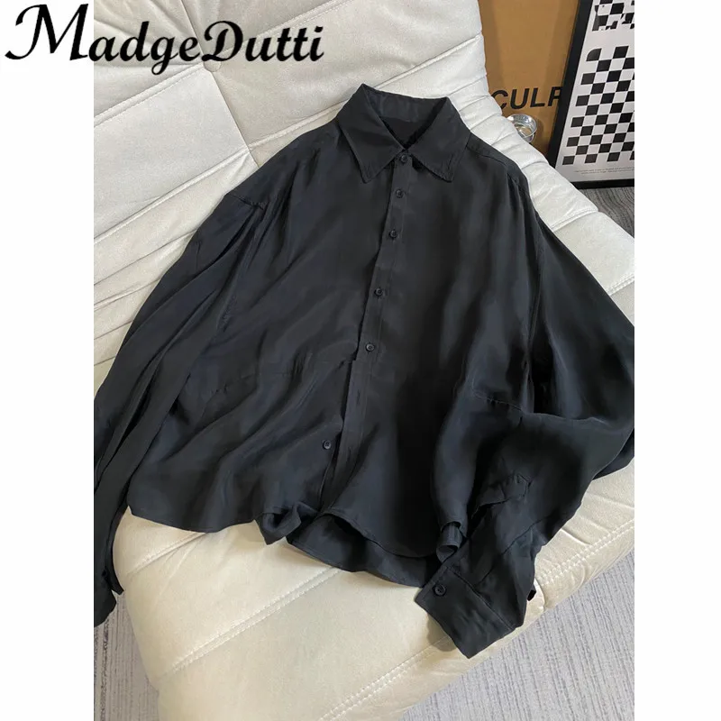 

11.3 MadgeDutti High End Washed Spliced Single Brew Long Sleeve Loose Midi Black Shirt Women