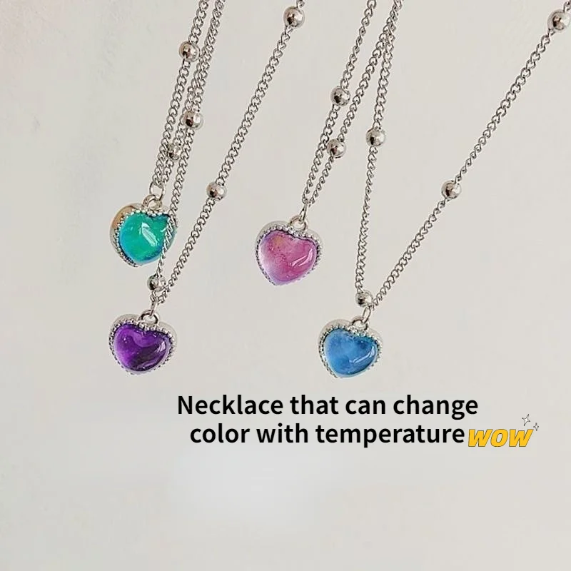 

New Color Change Temperature Control Heart-shaped Pendant Stainless Steel Chain Creative Necklace Girl Jewelry