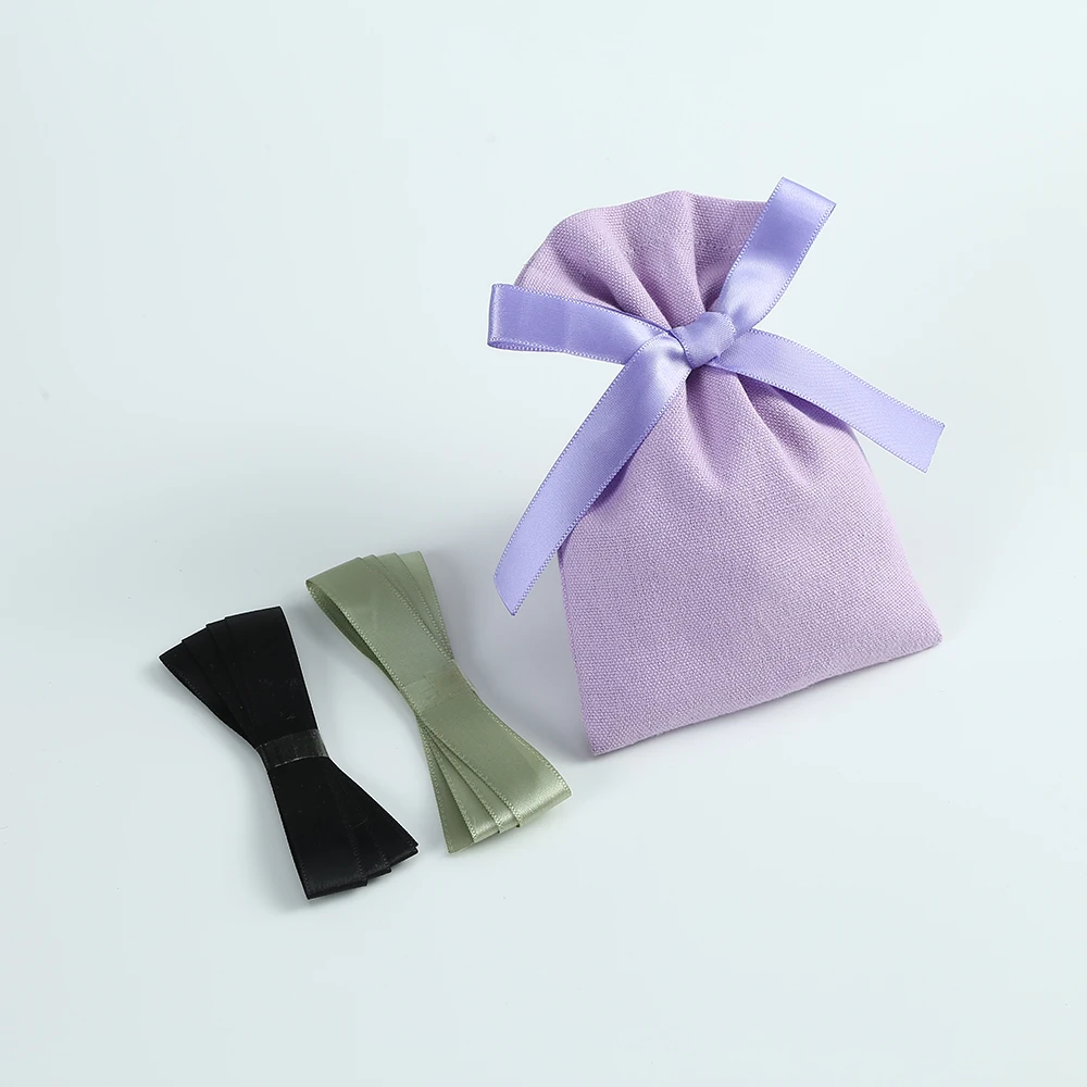 50pcs Purple Cotton Burlap Bucket Jewelry Bag with Ribbon Gift Pouches for Wedding Party Candy Bag Custom Logo Organizer Present