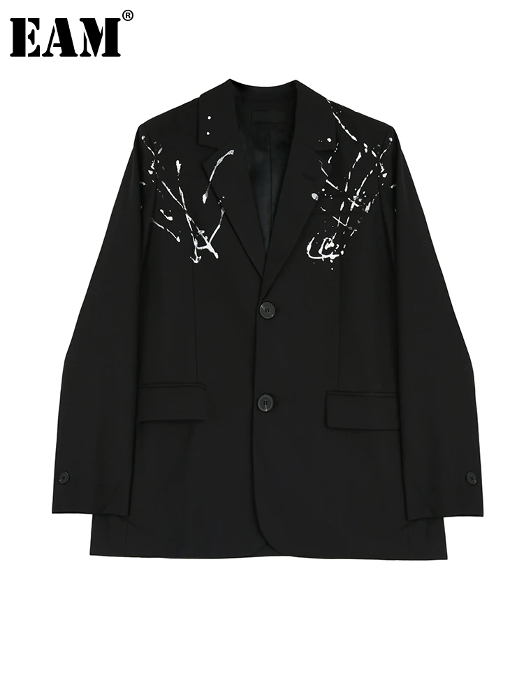 

[EAM] Women Ink Printed Big Size Casual Blazer New Lapel Long Sleeve Loose Fit Jacket Fashion Tide Spring Autumn 2022 1DF1128