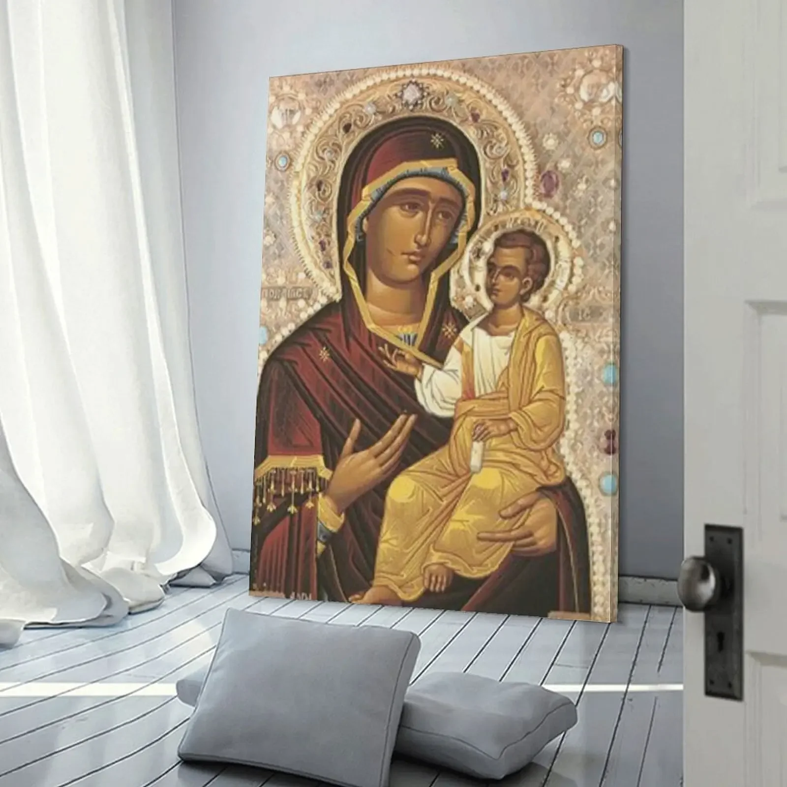 Дева Мария и Малыш Иисус: Иверон Теокоз Холст Картина постеры для стены японский