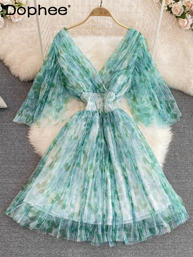 

Women Chiffon Print Seaside Holiday Dress V- Neck Short Sleeve New Lady Sexy Fashion Temperament Summer 2022