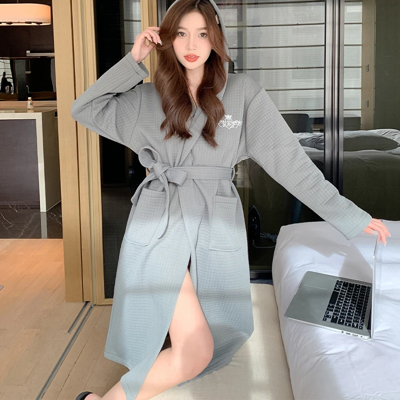 

Thicken Air Cotton Clip Winter Women Long Sleeve Embroidery Night Robes Winter Warm Mid Calf Bathrobe Loose Cardigan Sleepwear