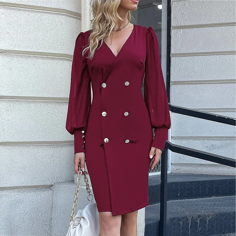 

Элегантные офисные Повседневные платья YEMOGGY, летнее женское платье, новинка 2022, однотонное двубортное мини-платье с V-образным вырезом и длинным рукавом