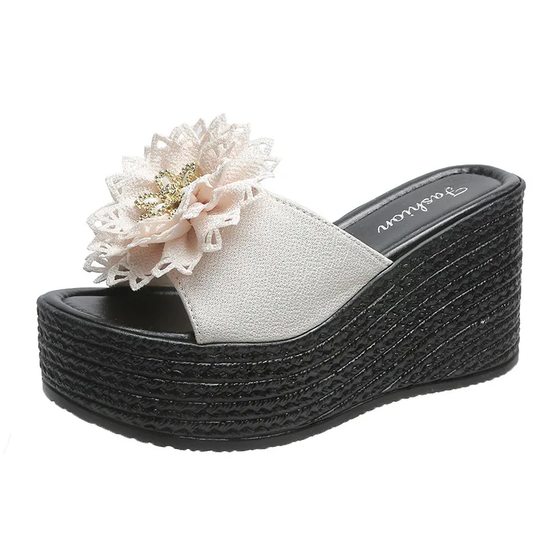 Summer Thick Bottom Wedge Heel Open Toe Sandals and Slippers Women's Fashion Flower Women's Slippers Increase Women's Shoes