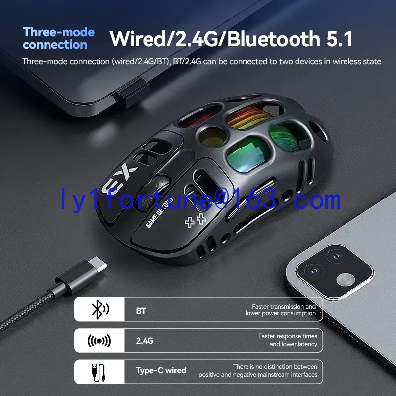 Фото Беспроводная игровая мышь X3, третья модель, легкая, 12000 dpi, Bluetooth, с перфорацией, RGB, с подсветкой №4