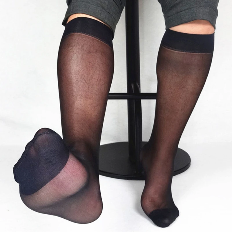 

1 Pair Men's Medium Tube Socks Solid Color Long Knee High Stockings Gold Silver Toe Business Dress Socks Thin Mesh Transparent