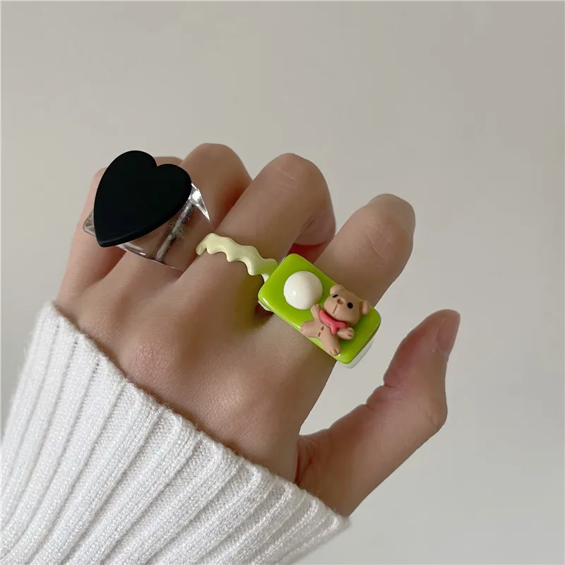 

Summer Fruit Green Transparent Cartoon Bear Peach Heart Ring Female Cold Wind Tail Ring Index Finger Ring