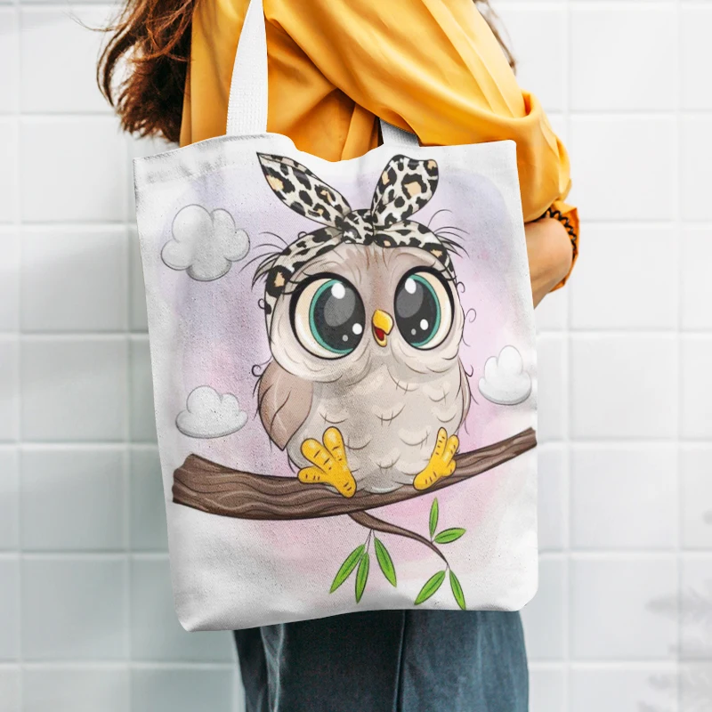 

Cute Cartoon Owl with Shopping Bag 2022 Fashion Woman Handbags High Capacity Travel Beach Foldable Shoulder Bag Custom Pattern