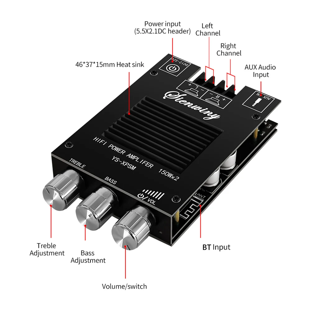 

YS-XPSM TDA7498E Audio Power Amplifier Board Module 150Wx2 High-power Audio Module Stereo Treble Bass Adjustment Dual Channel