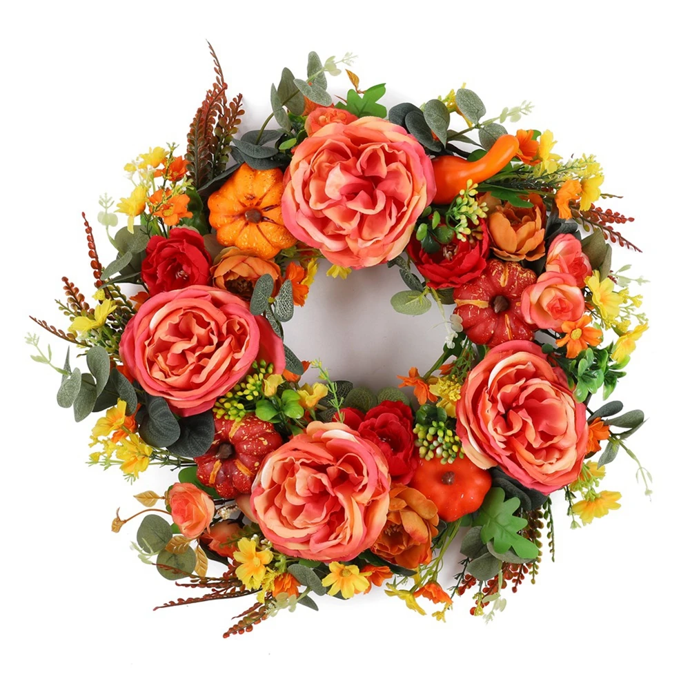 

Fall Wreaths for Front Door Year Artifici Peony Pumpkin Wreath Home Farmhouse Decor T hanksgiving Harvest Wreath Decor