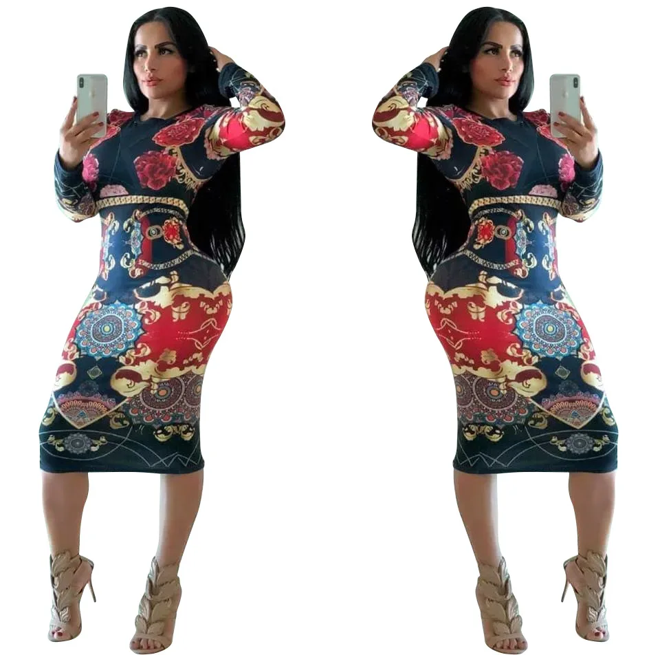 

Women's new round neck fashion multicolor print dress