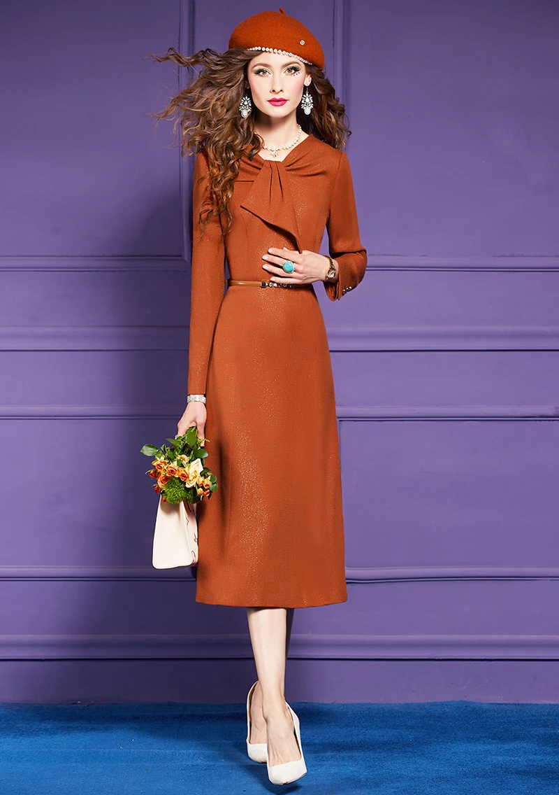 Женские элегантные осенне-зимние платья с длинным рукавом однотонное оранжевое