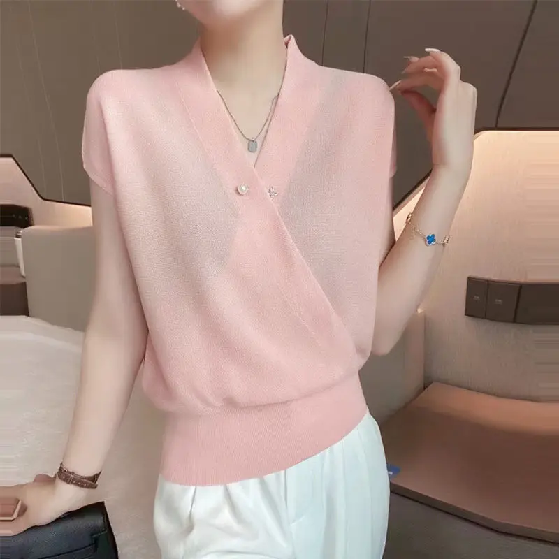 

Elegant V-Neck All-match Bright Silk Blouse Women's Clothing 2023 Summer New Oversized Casual Pullovers Office Lady Shirt