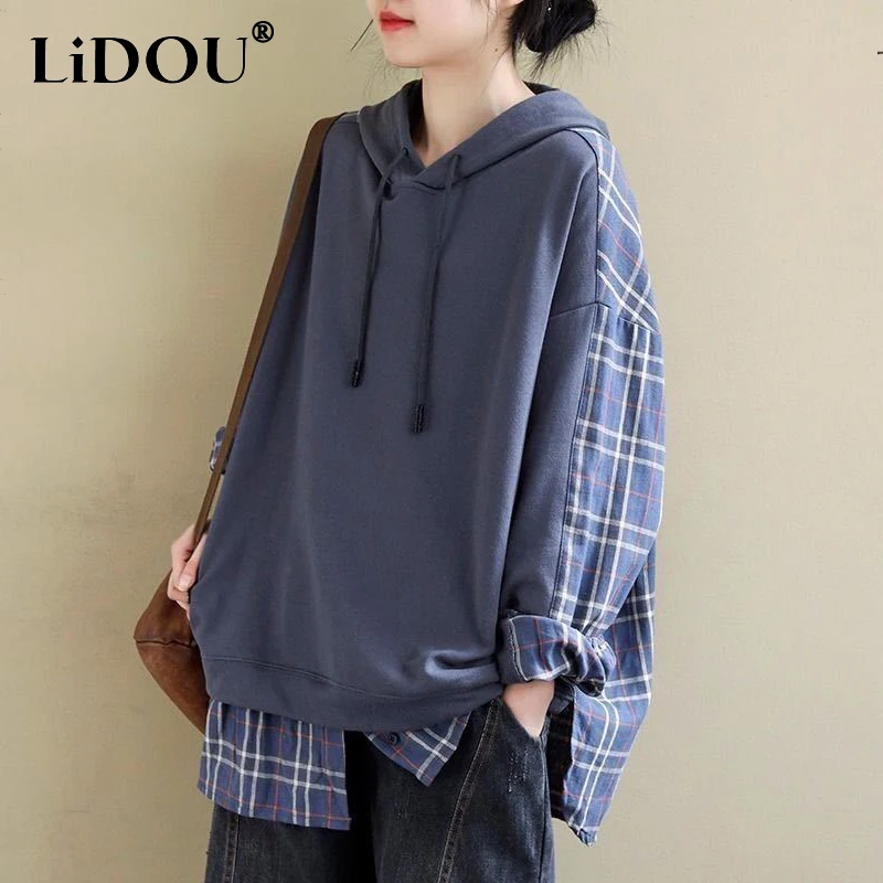 

autumn winter streetwear vintage plaid patchwork loose casual hoodies women harajuku Y2K pullover ladies popularity sweatshirt