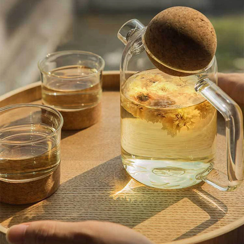 

HOUYUP Creative Glass Teapot Lager Capacity Anti Burst Flower Teapot Juice Cold Water Kettle Coffee Pitcher Spherical Cork Lid