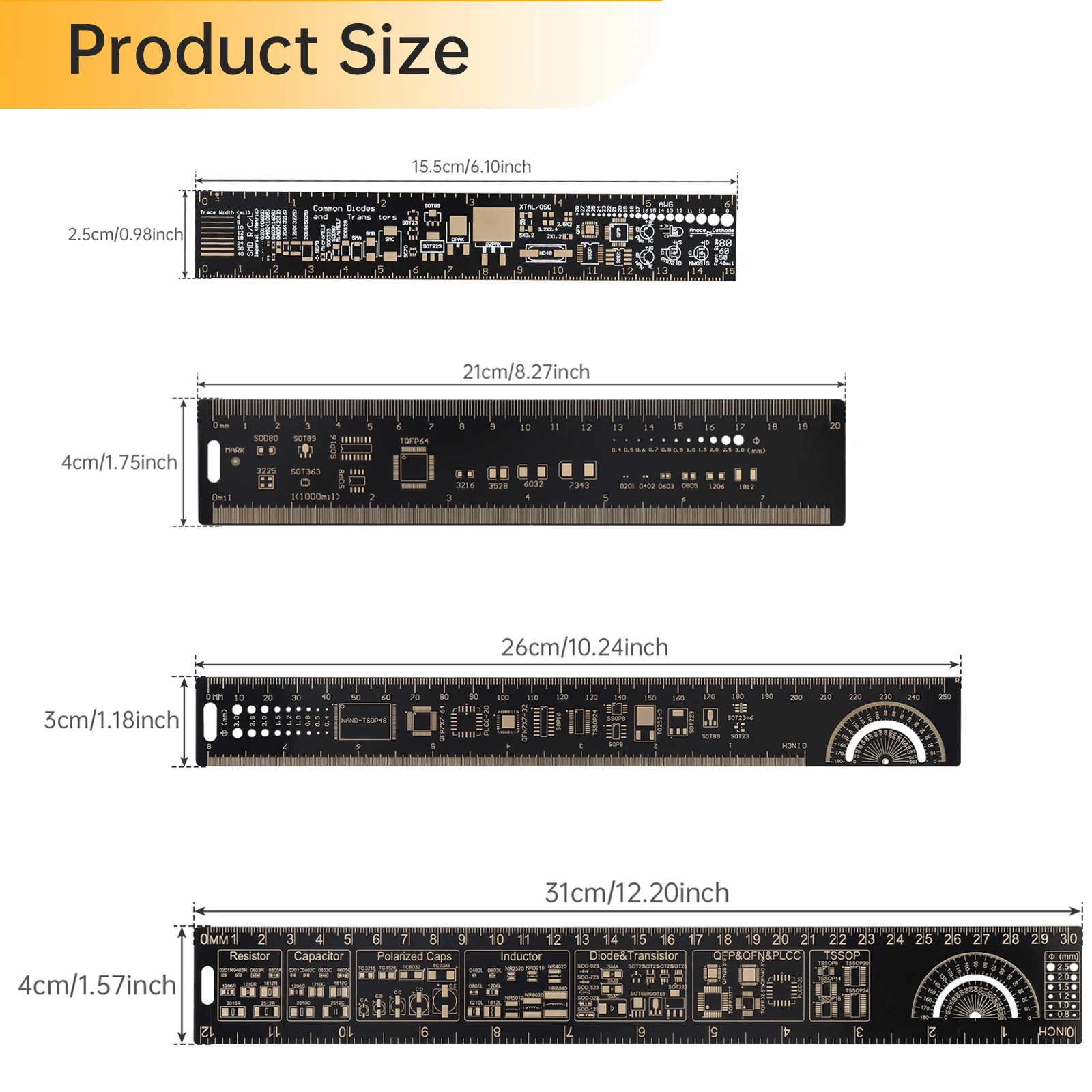 

4 шт., 15/20/25/30 см, прямые линейки для печатных плат для электронных техник, многофункциональные инженерные линейки