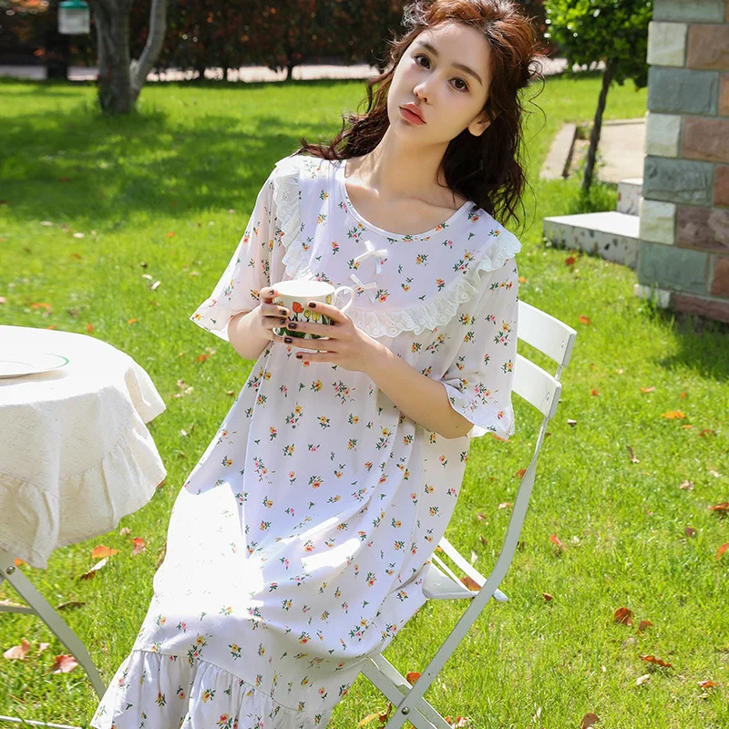 2023 Japanese Lace Short Sleeve Girl's Summer Sweets Costume New In Lady Nightgown Long Length Print One-Piece Skirt Nightdress