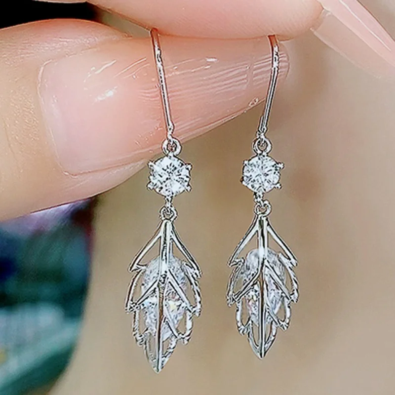 

Aesthetic Silver Color Leaf Dangle Earrings with AAA Crystal CZ for Women Exquisite Ear Accessories New Statement Jewelry