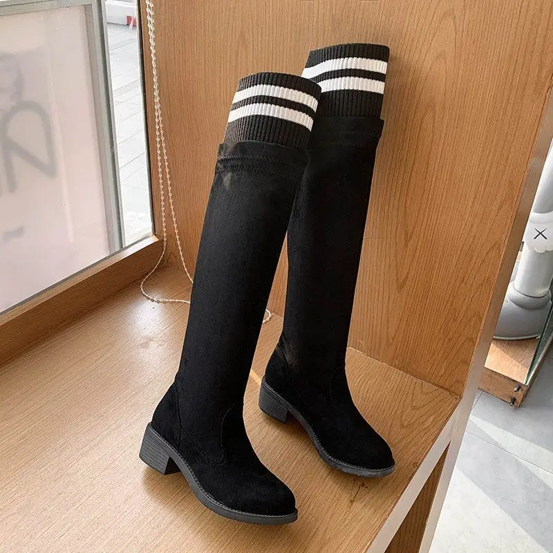 

Knee Thigh High New In Women's Sock Boots Hot Padded Long Shoes for Women Winter 2022 Elastic Black on Promotion with Low Heels