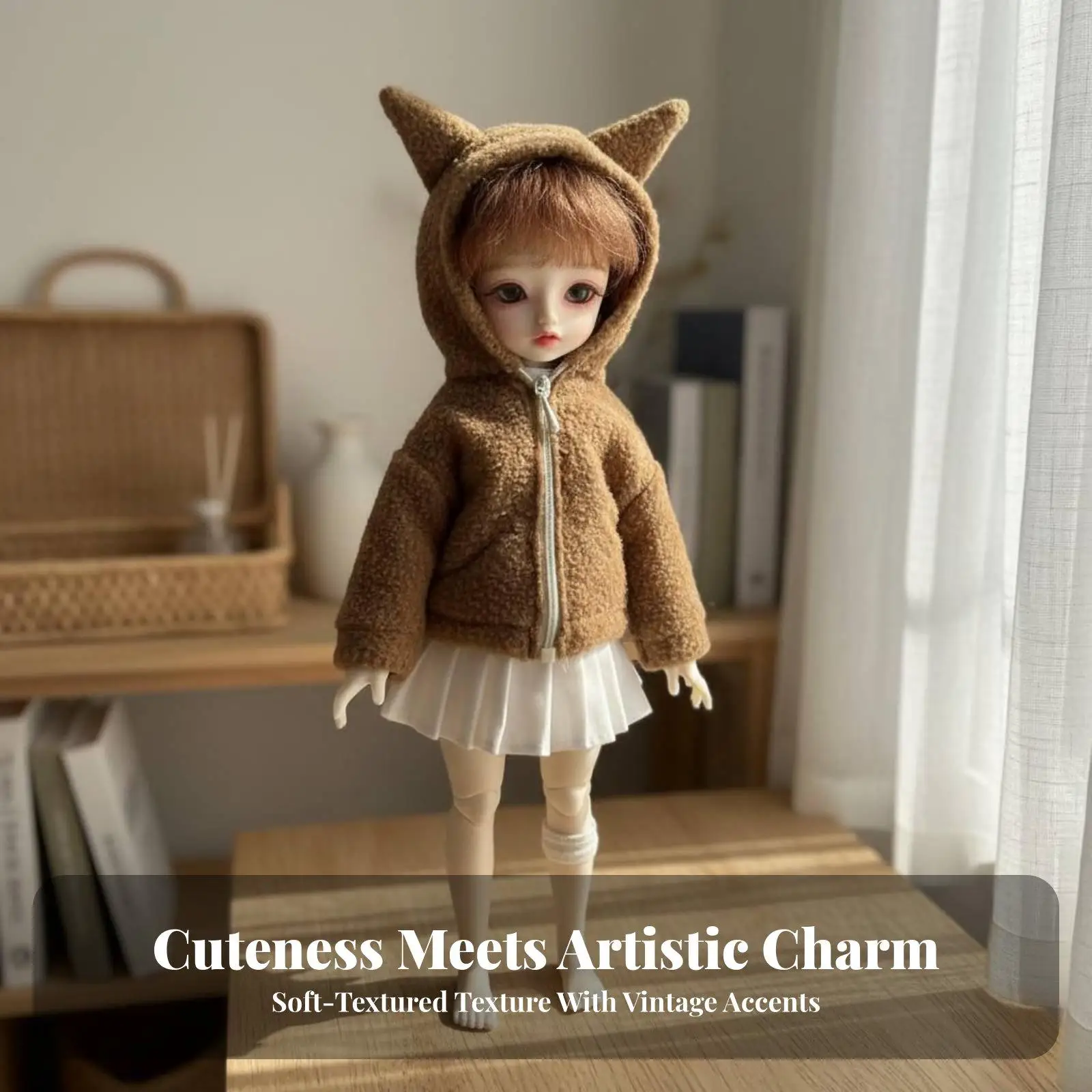 Фото Флисовая толстовка на молнии с кошачьими ушками для кукол BJD 11,8 дюймов, милая одежда для кукол YOSD, миниатюрный аксессуар. №4