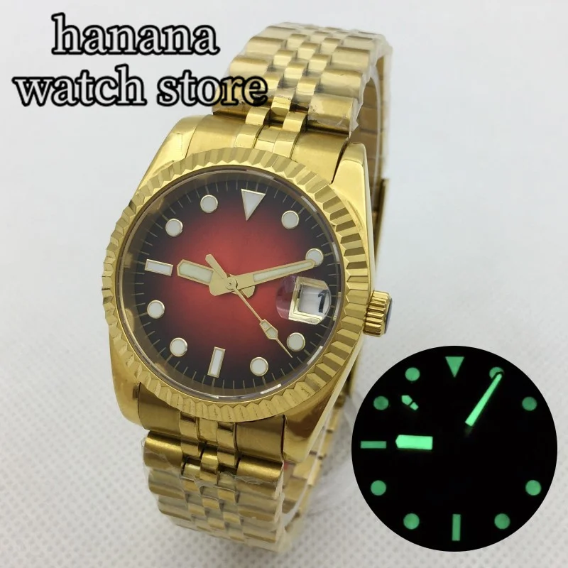 Роскошные автоматические золотые мужские часы BLIGER 36 мм 39 полированная Золотая