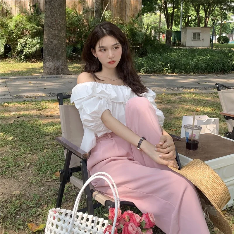 

Off shoulder shirt women's summer French collarbone design sense of minority chic retro Hong Kong chic Ruffle Top