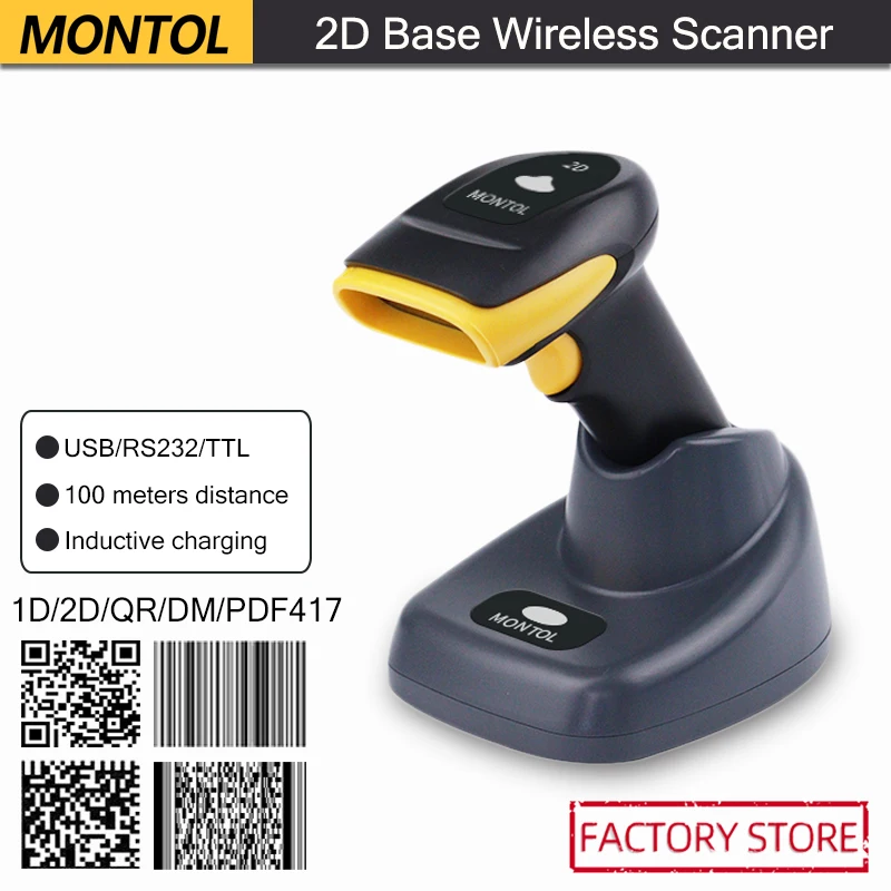 

Беспроводной сканер штрих-кодов Montol 2D QR PDF417 CMOS 433 МГц ручной сканер штрих-кодов
