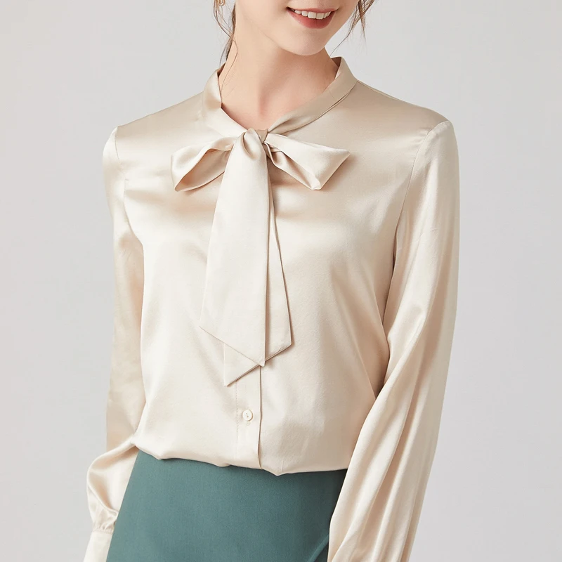 

New Spring And Summer Refreshing Drape Light Luxury Mulberry Silk Shirt Women's Bow Top Long-Sleeved High-End Shirt Commuter