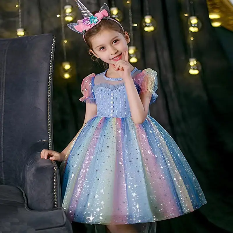 

Girls' Gradient Rainbow Princess Fluffy Yarn Skirt Puff Sleeve 2023 Starry Sky Shining Crystal 5-12 Years Old