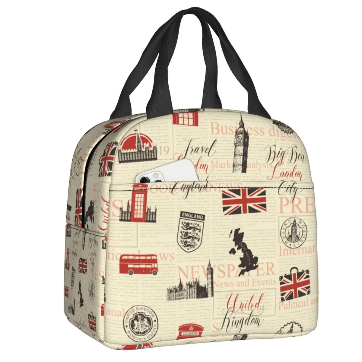 

UK London British Symbol Insulated Lunch Bag for Women United Kingdom Flag Resuable Thermal Cooler Lunch Box Food Picnic Tote