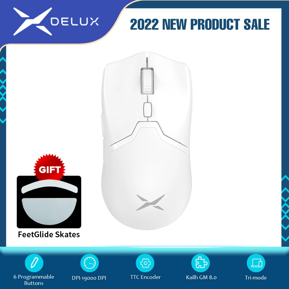 Delux M800 PRO PAW3370 White Wireless Gaming Mouse Wired Programmable Ergonomic Mice Type C Rechargeable For Windows Mac