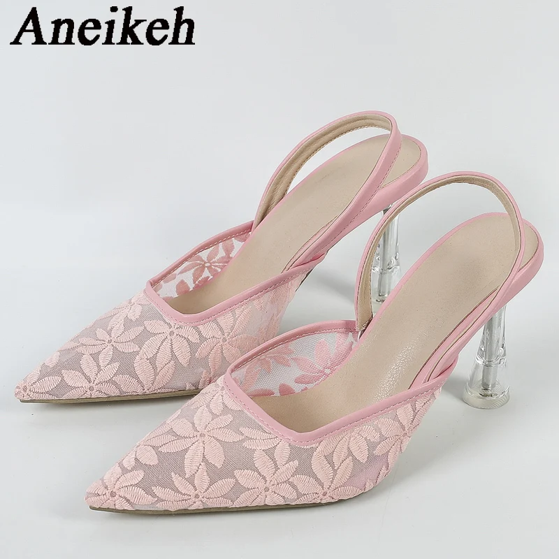 

Aneikeh 2024 Elegant Sexy Lace Pointed Transparent Cann Heel Pumps Women's Summer Slingbacks Single Shoes Wedding Dress 35-41