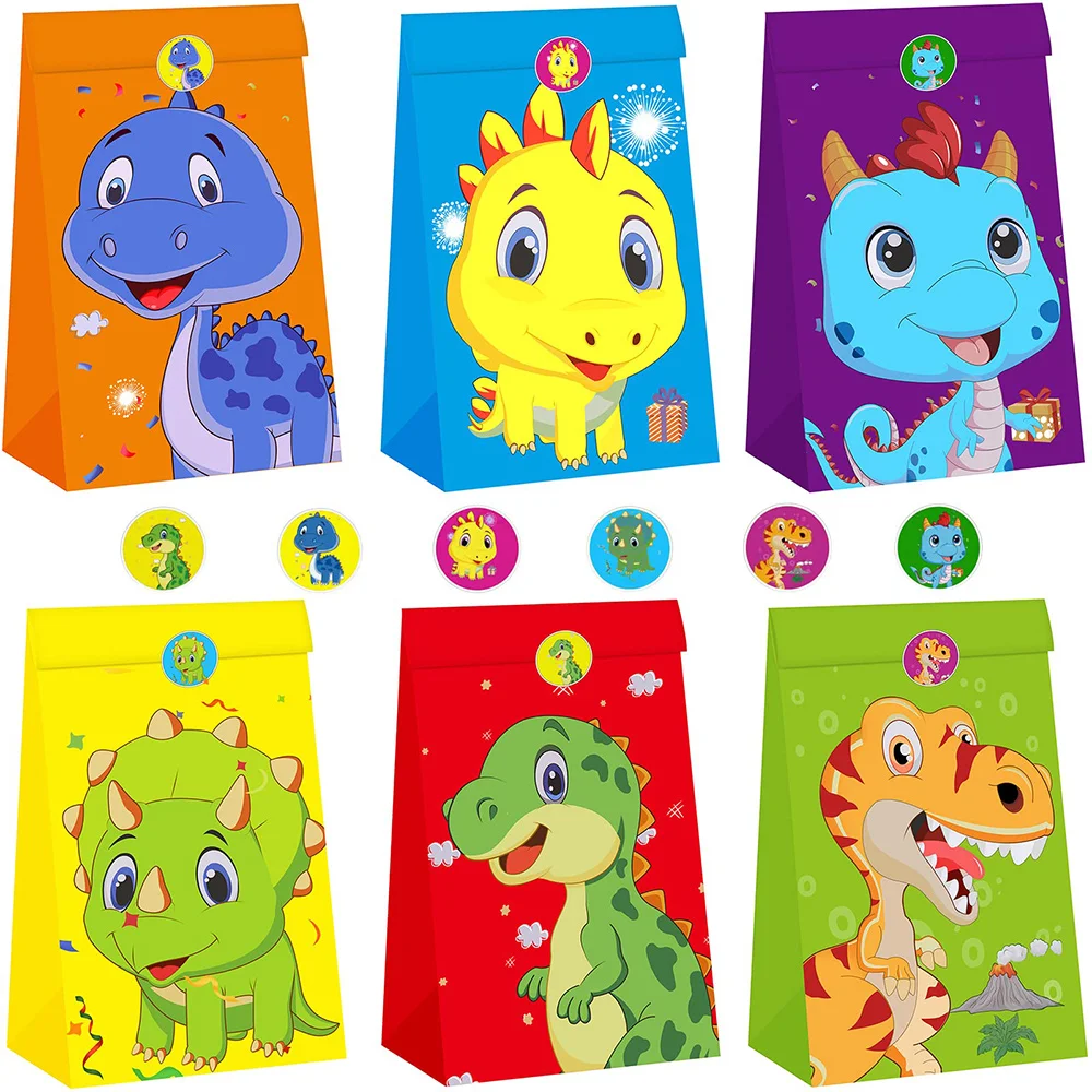 

6pcs/set Dinosaur Party Gift Bag with Sticker Treat School Goodies Bags Children Birthday Favor Dino Theme Jurassic World Supply