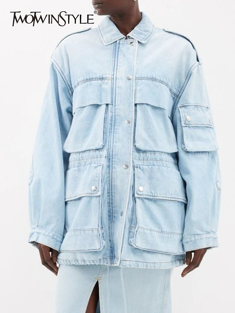 

Женская джинсовая куртка TWOTWINSTYLE, винтажная однобортная Свободная куртка с отложным воротником и длинными рукавами, 2023