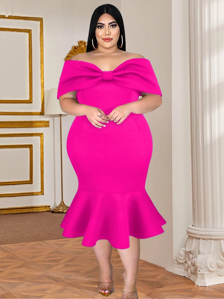 Plus Size 4XL Mermaid Birthday Party Dress Women Off Shoulder Bow Elegant Cocktail Evening Summer Ruffles Knee Length Event Gown