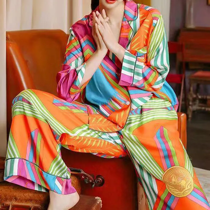 New Plant Print Satin Pajamas Set Women's Home Wear Long Sleeve Elastic Waist Temperament Sleepwear Two Piece Pajama Set