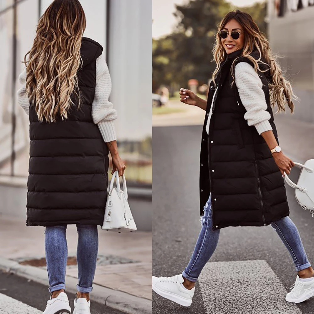 Helisopus Women's Solid Color Hooded Single Breasted Medium Length Cotton Jacket Winter Warm Vest Slim Cardigan Coat Jacket