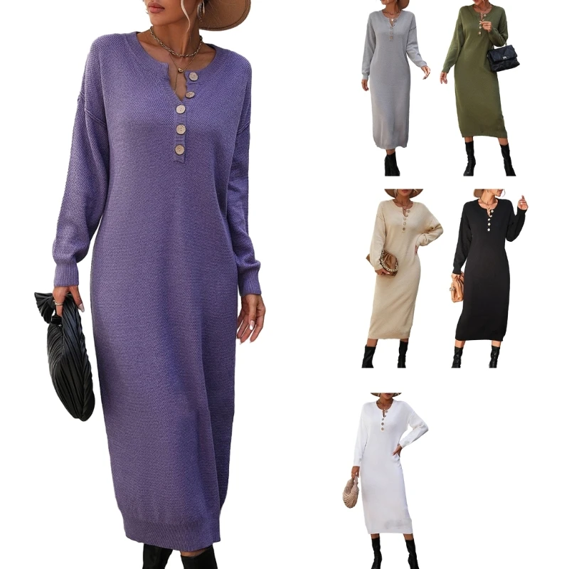 

L5YA женское модное повседневное вечернее платье-свитер с длинным рукавом на пуговицах, однотонное свободное прямое платье,