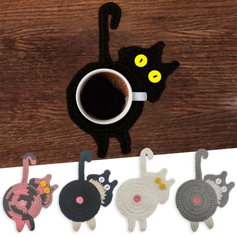 

Knitted Cat Shape Cup Coaster Cute Animal Coffee Mug Table Mat Placemat Heat Insulation Cat Butt Dining Mat Kitchen Decoration