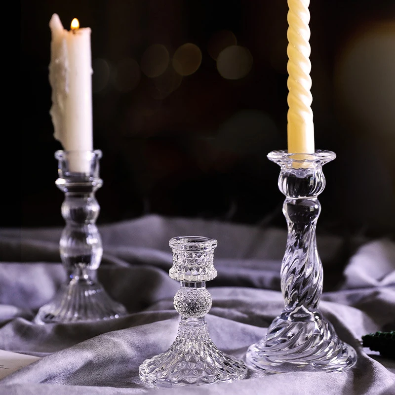 Vintage Clear Crystal Glass Candlestick Valentine's Day Romantic Candlelight Dinner Shooting Props Home Wedding Decoration