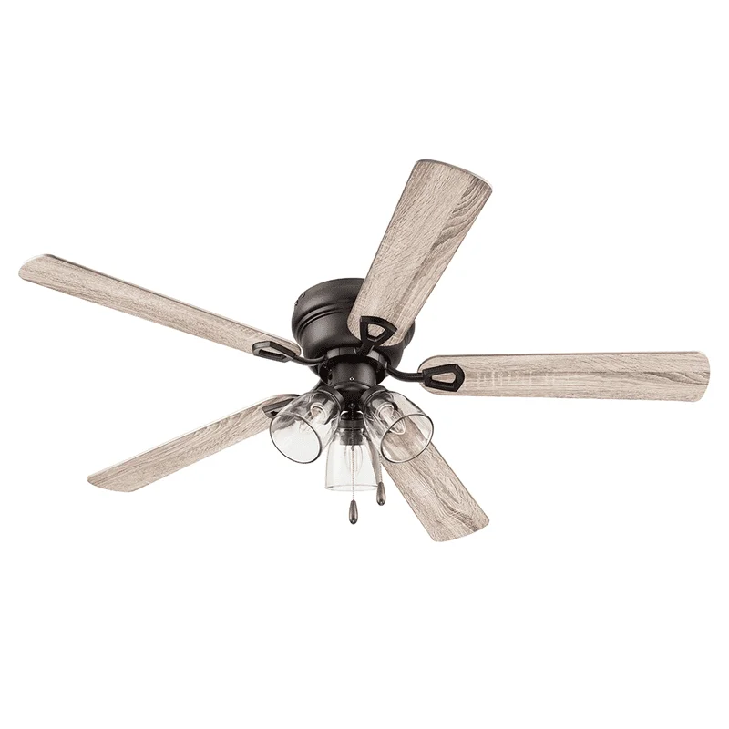 

52" Bronze Flushmount Ceiling Fan with 5 Blades, Multi-Arm Clear Glass Light Kit, Pull Chains & Reverse Airflow