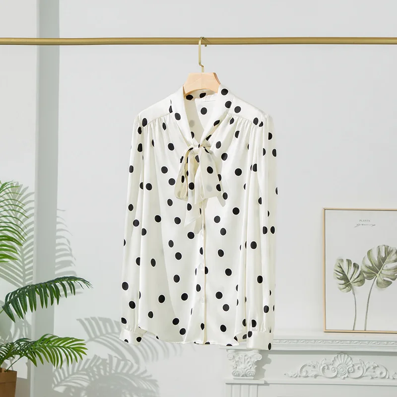 

New Real Silk Polka Dot Women's Shirt French Niche Mulberry Silk Ribbon Elastic Plain Crepe Satin Silk Shirt Women Shirts Luxury