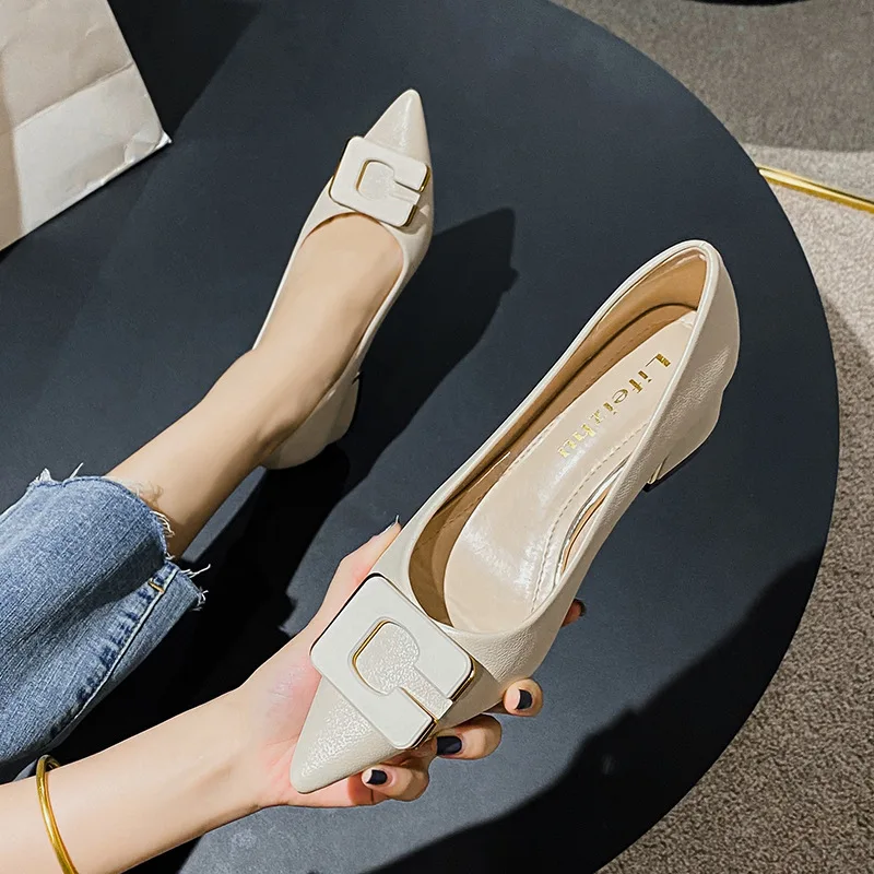 Plus Size 35-43 Women Pumps Pointed Toe Chunky 5cm Heel Pumps Office Lady Leahter Dress Shoes Fashion Buckle Slip on Female